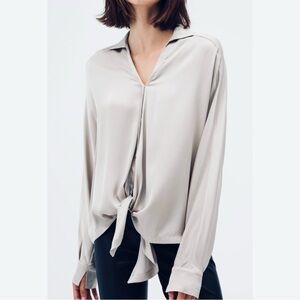 JARBO | NWT $398 Marie Drape Front Blouse Silk Georgette in Ice Silver, Size 2/M